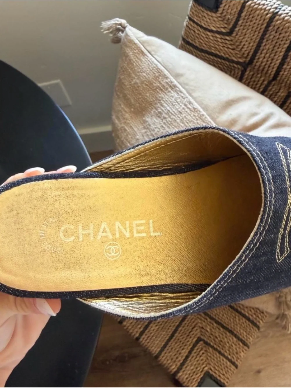 CHANEL Black Denim Logo Slip-On Mules